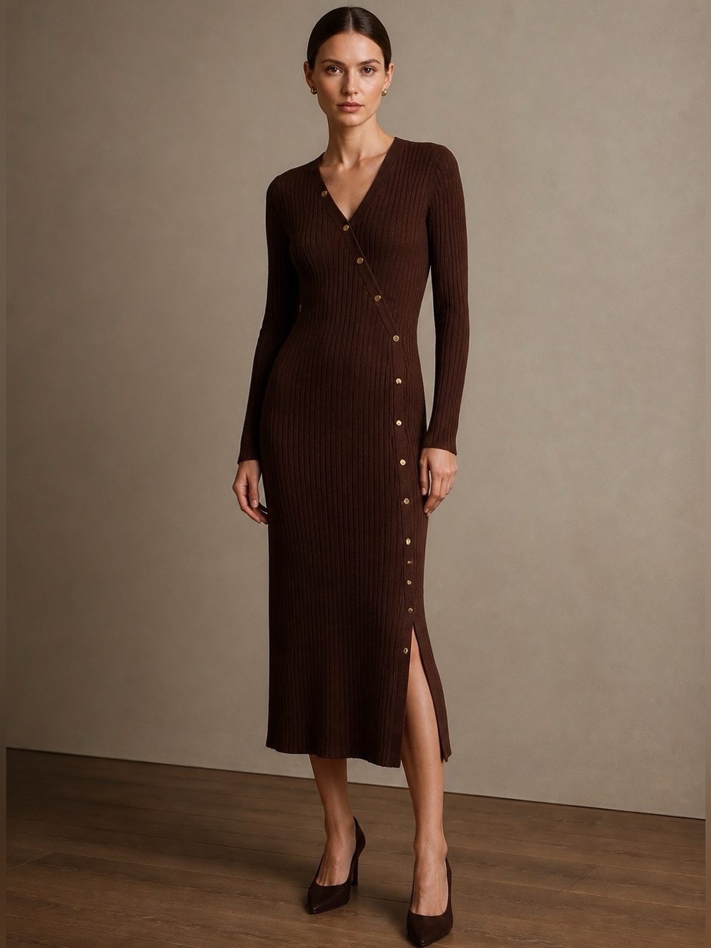Madison & Hudson Long Sleeve Brown Ribbed Women's Sweater Midi Dress Size XS